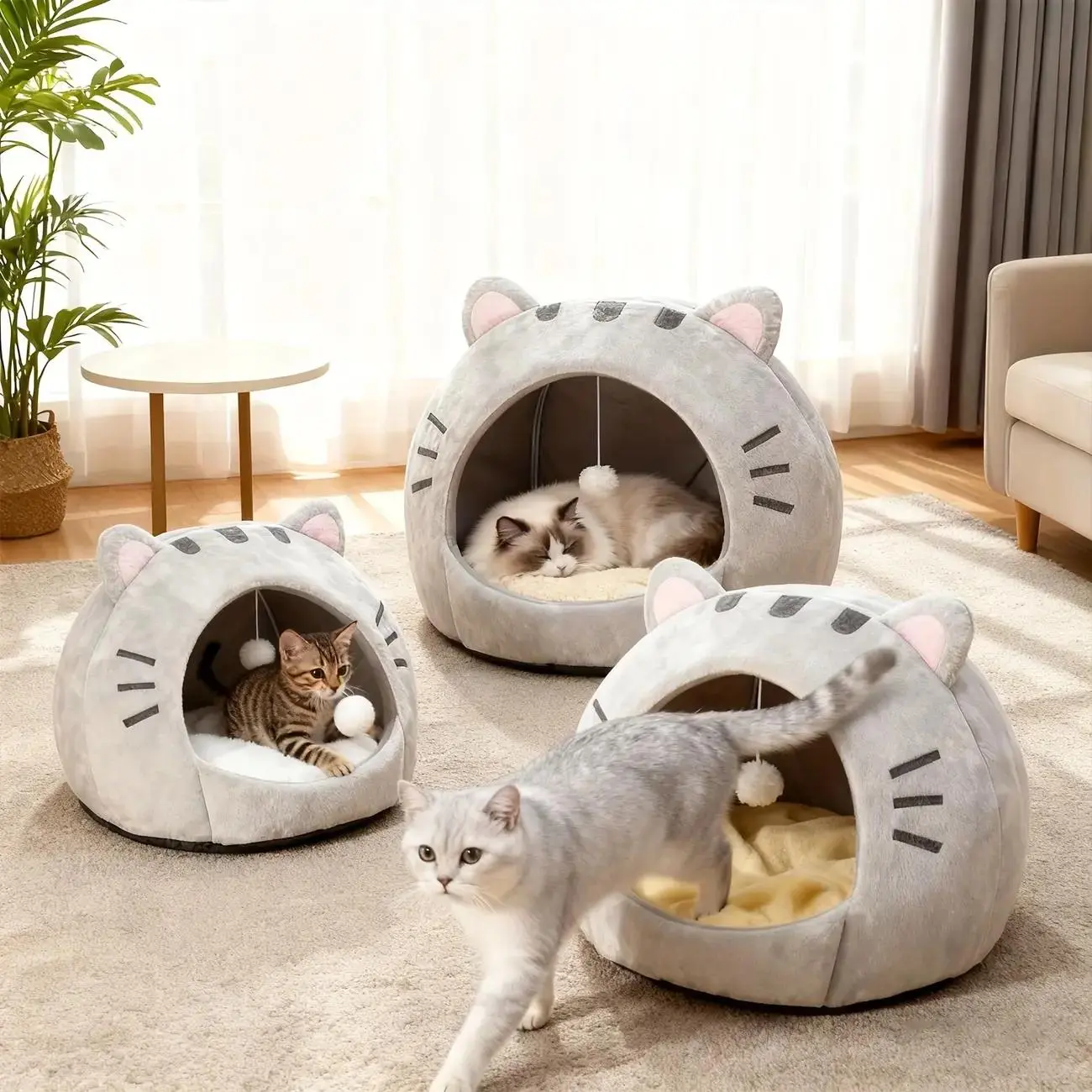 Cozy Cat Sleeping Cave Bed - Kitten Condo with Hanging Toy, Semi-Enclosed Indoor Use House, Washable Inner Pillow, Soft Breathable All-Season Cat Nest