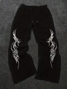 Black Metal Logo Flared Sweatpants - Y2K Dark Streetwear Wide-Leg Pants