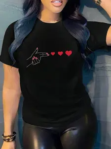 Women's Heart Finger Graphic T-Shirt, Valentines Day Love Print Cotton Tee, Casual Daily Streetwear Top, TikTok Viral Trendy, Soft Comfortable Fabric, Couple Matching Outfit, Y2K Aesthetic, Love Statement, Gift for Girlfriend, Round neck