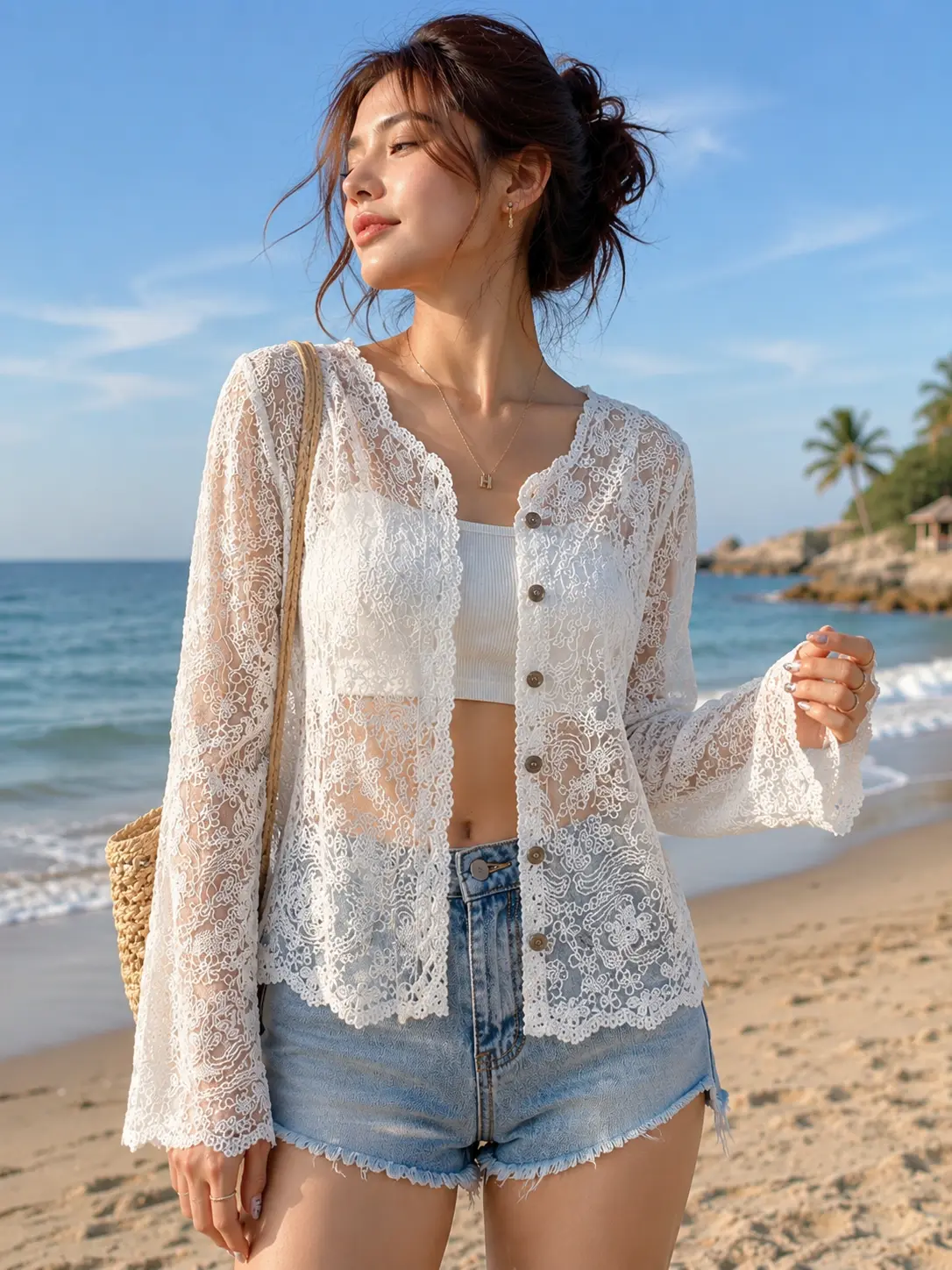 Women’s Lace Button Cardigan Sheer Long Sleeve V-Neck Sun Protection Spring Summer Top Y2K Style