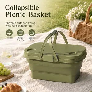 Portable Collapsible Picnic Basket with Table Lid | Large Capacity Outdoor Camping Bin  Cream & Olive Green