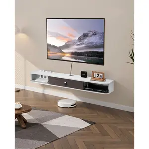 fathersdaygift VEVOR Floating TV Stand, 55 in Wall Mount Entertainment Center with Cable Hole, Modern Floating TV Shelf with Storage Cabinet, Particle Board Console for DVD Player, Cable Box, Game Console, White