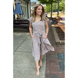 Belted Nursing Midi with Pockets- Beige Floral