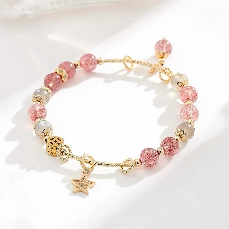 Dainty Pink Strawberry Quartz & Gray Moonstone Beaded Bracelet with Gold-Tone Star Charm | Aesthetic Minimalist Crystal Jewelry for Women & Teen Girls | Cute Coquette Gift for Best Friend, Birthday