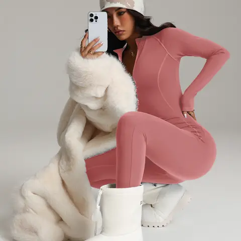 Women's Winter Warm Fleece Bodysuit, Zipper Skinny Jumpsuit for Yoga Fitness Dance Cycling Pilates Skiing Training Sporty Comfy Jumpsuit, Activewear Clothing, Workout Jumpsuit