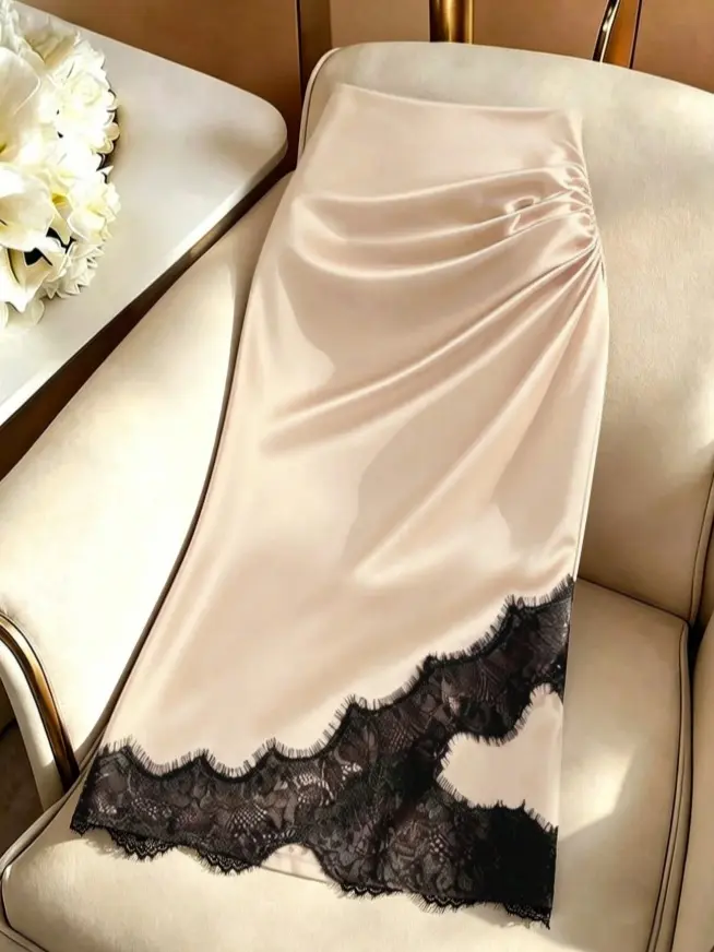 Women's Summer Elegant Sexy Color Block Lace Patchwork Wrap Skirt Date Night Beige