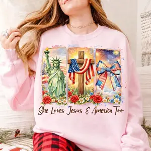 [Sale off up to 65%][Free Ship] She Loves Jesus and America too Sweatshirt, 4th July Faith Sweatshirt, Christian 4th july Sweatshirt, America needs Jesus