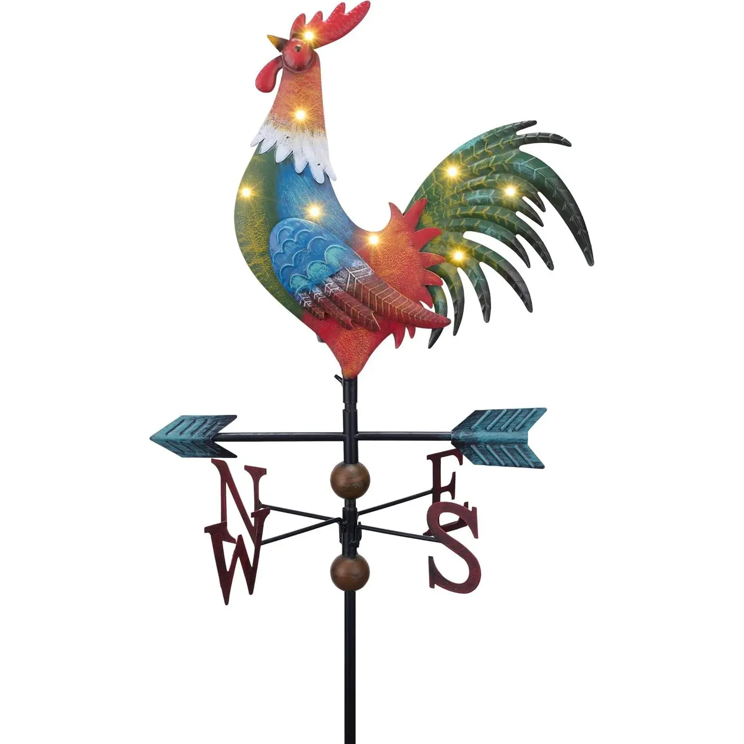 39.4in Metal Solar-Powered Red Rooster Weathervane Garden Stake, Yard Art with Solar Panel, Wind-Spinning Outdoor Glow Decor Sign, Mom Gift Idea for Valentine's Day, Birthdays, Driveways