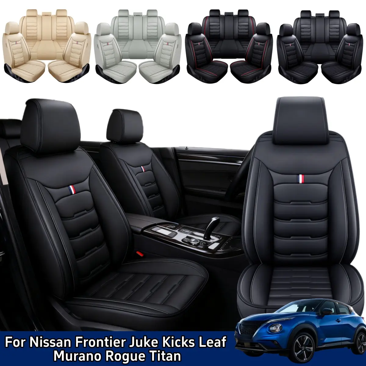 For Nissan Frontier 2009-2023/ Juke 2011-2017/ Kicks 2018-2023/ Leaf 2011-2023/ Murano 2011-2023/ Rogue 2010-2023/ Titan 2009-2023 Car 5 Seat Covers, Premium Leather Front & Rear Full Set Seat Covers Cushion, Split Rear Benches Auto Decoration Accessories