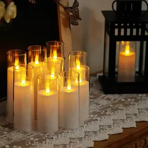【Set of 9】Pure White Acrylic Flameless LED Candles, Battery Operated With Remote Control and Timer, Electric Fake Candles for Wedding, Home Decor, D2.2 xH 5" 6" 7"