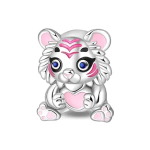 925 Sterling Silver Animal Charm Pink White Tiger Bead For Bracelet Charm