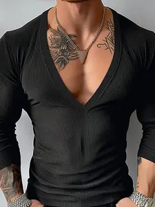 INCERUN Men's Fashion Casual Deep V Neck Plain Color Long Sleeve T-Shirt, Stylish and Comfortable, Perfect for Daily Wear Top