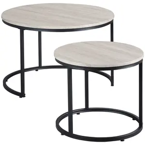 Round Nesting Tables Set of 2 – Stacking Coffee Table Set with Metal Frame, Large & Small Table, Industrial Style, Adjustable Foot Pads, 22 lbs Capacity, for Living Room, Grey