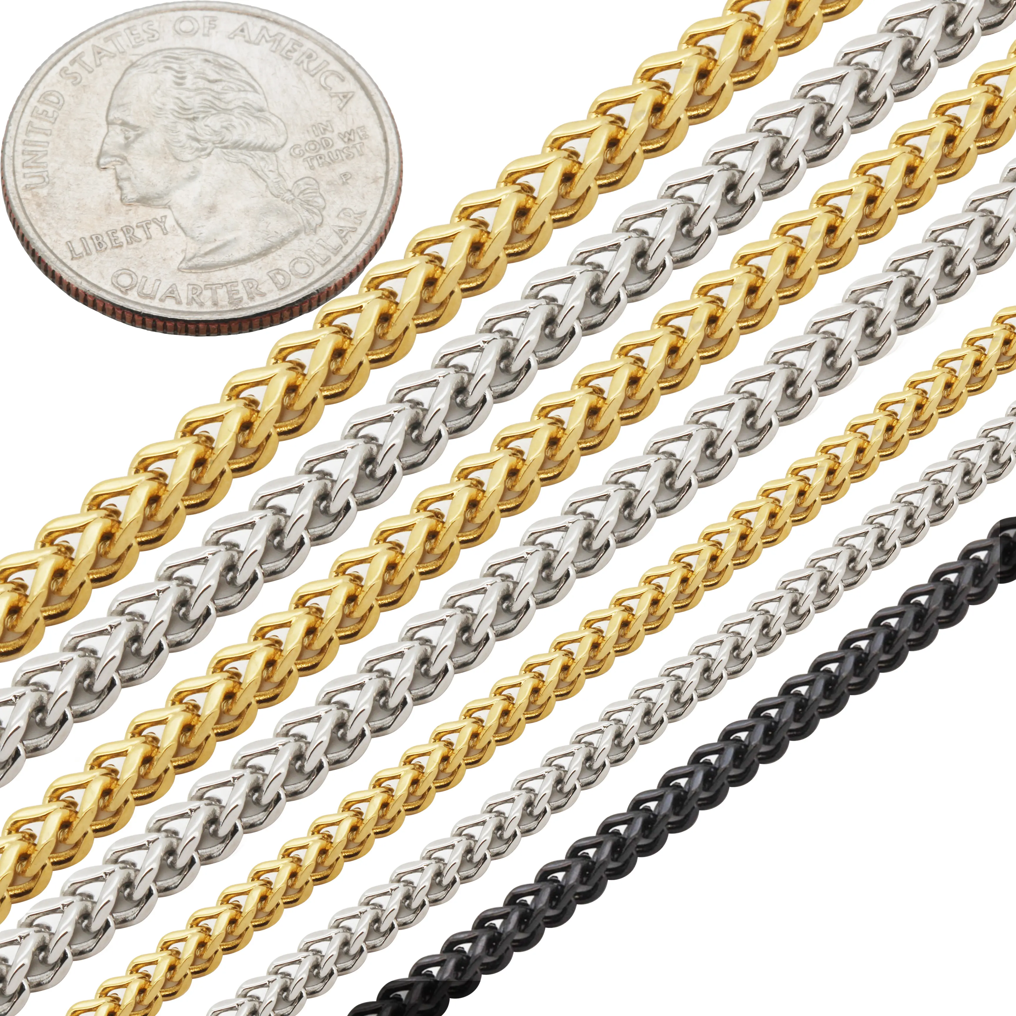 316L Stainless Steel 18k Yellow Gold Plated Black Rhodium 2.5-4mm Franco Chain Necklace Bracelet 7.5”-30”