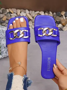 Women's Fashionable Plain Color PU Leather Slides, Casual Comfortable Summer Flat Sandals for Beach, Outdoor, Daily Wear, Female All-match Round Toe Slide Shoes for Daily Wear, Girl Rubber
