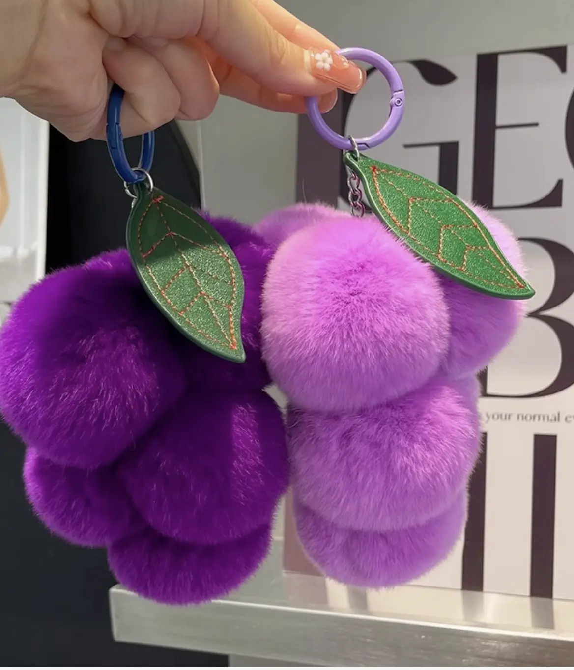 Purple Grape Shape Fuzzy Texture Collectible Plush Keychain - Kawaii Look Clip Attachment, Cute Bag Charm for Everyday Use