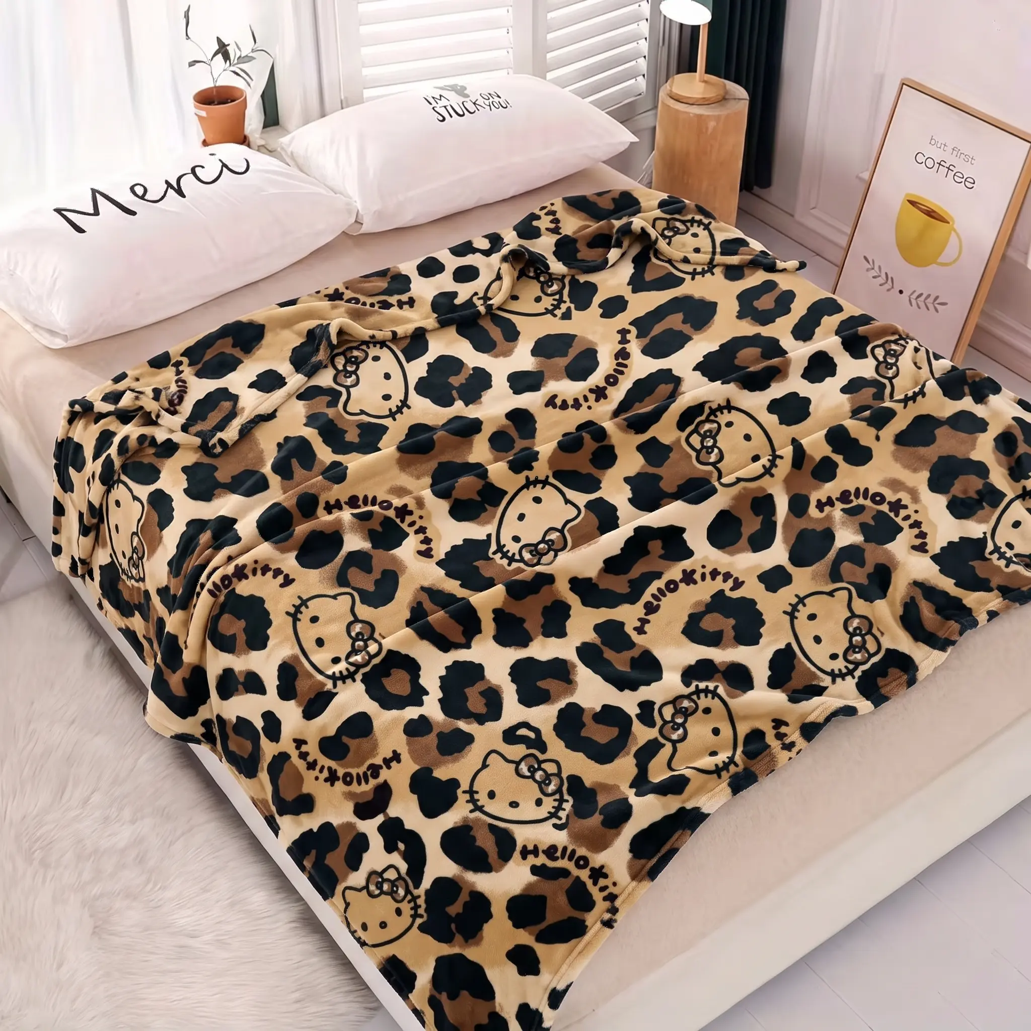 SANRIO Hello Kitty Leopard Print Flannel Blanket - Super Soft Fleece Fabric, 2D Cartoon Statement Throw, Living Room Decor, Cozy Room Vibes, Soft Blanket Vibes & Gifts