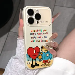 Frog and Heart Life Quote Pattern Dopamine Ins Style Solid Color Phone Case with Ultra Skin friendly Touch, All Inclusive Lens Phone Case Suitable for iPhone 17 16 15 14 13 12 Pro Max Air