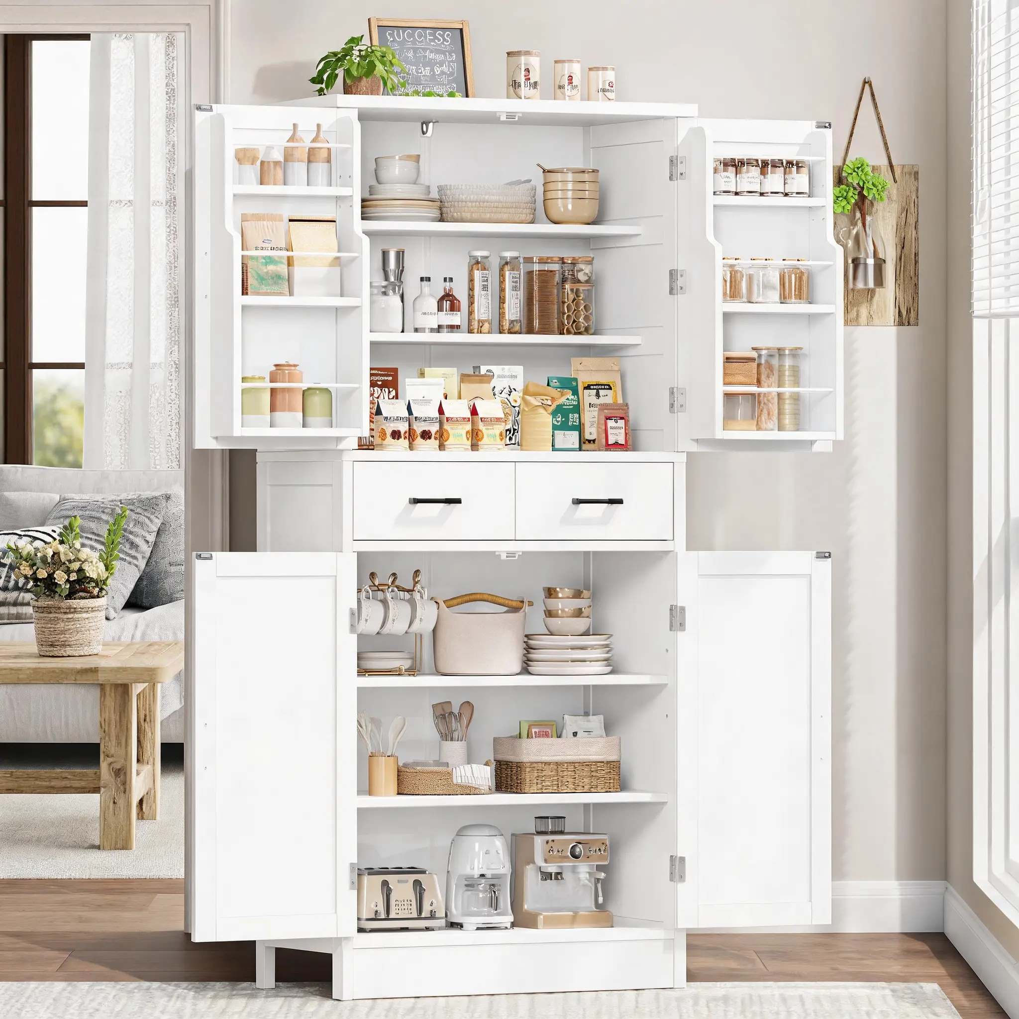 66.9" Wooden Kitchen Pantry Cabinet with Drawers, Side Racks & Magnetic Door, Large Capacity Wood-Look Floor Cabinet Organizer for Home Kitchen, Dining Room, Wood-Look Floor Cabinets campingessentials