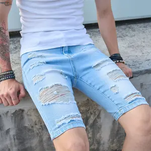 Summer Men Streetwear Slim fit Denim Shorts Male Five-Point Stylish Holes Distressed Solid Casual Men's Denim Shorts