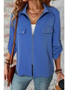 Women's 2-Piece Soft Dusk Blue Wool-Blended Polyester Longsleeve Outerwear Set - Lady's Collar Tab Zip-Up Flap Detail Cropped Coat, Button-Front Denim-Infused Cardigan, Stylish Love-Worthy Piece for Fall Christmas Coats