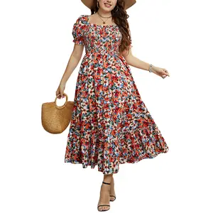 2026 Plus Size Women's Floral Square Neck Bubble Sleeve A-Line Elegant Soft Temperament Casual Maxi Dress TikTokShopJumpstartSale