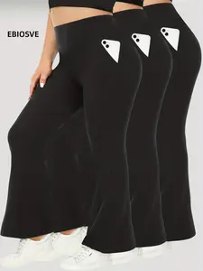 3pcs Set - Plus Size High-Waisted Flared Pants with Diagonal Pockets - Comfortable And Stretchy - New Autumn Style ,New Wide-leg Pants For Women In All Seasons, Casual Hip-lifting High-waist Stretch Pants, Loose Flared Pants Suitable For And Aerobics