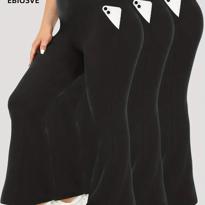 3pcs Set - Plus Size High-Waisted Flared Pants with Diagonal Pockets - Comfortable And Stretchy - New Autumn Style ,New Wide-leg Pants For Women In All Seasons, Casual Hip-lifting High-waist Stretch Pants, Loose Flared Pants Suitable For And Aerobics summ