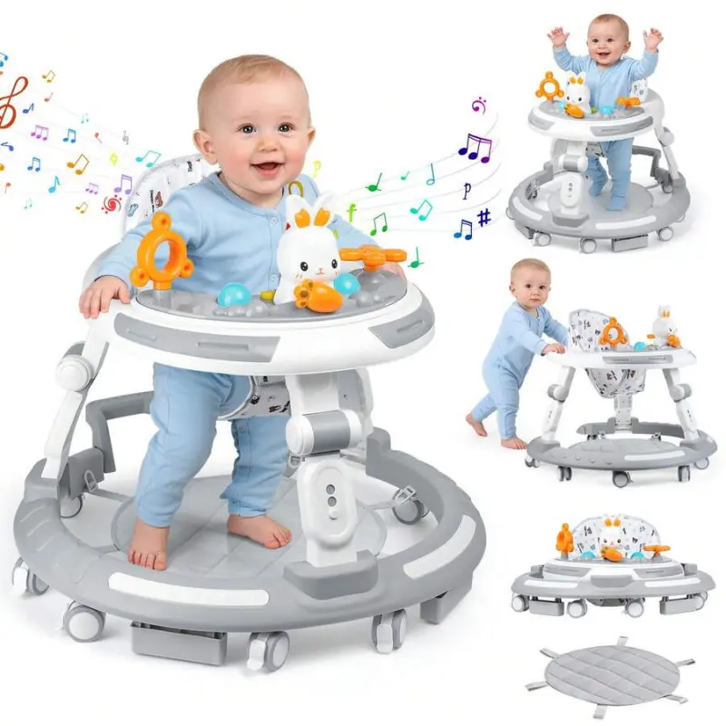 4-In-1 Safety-First Baby Walker & Activity Center with Adjustable Height Anti-Rollover Base Foldable Design 8 Silent Wheels 2 Anti-Slip Strips Multi-Function Modes for Boys Girls, Anti-Tip, Foldable Frame