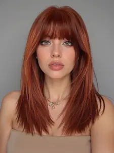 Fashion New Medium Long Straight Reddish Brown Wigs with Bangs, Synthetic Women's Wigs for Ordinary Work, Life, Dance Parties and All Occasions, Synthetic Hair Pieces