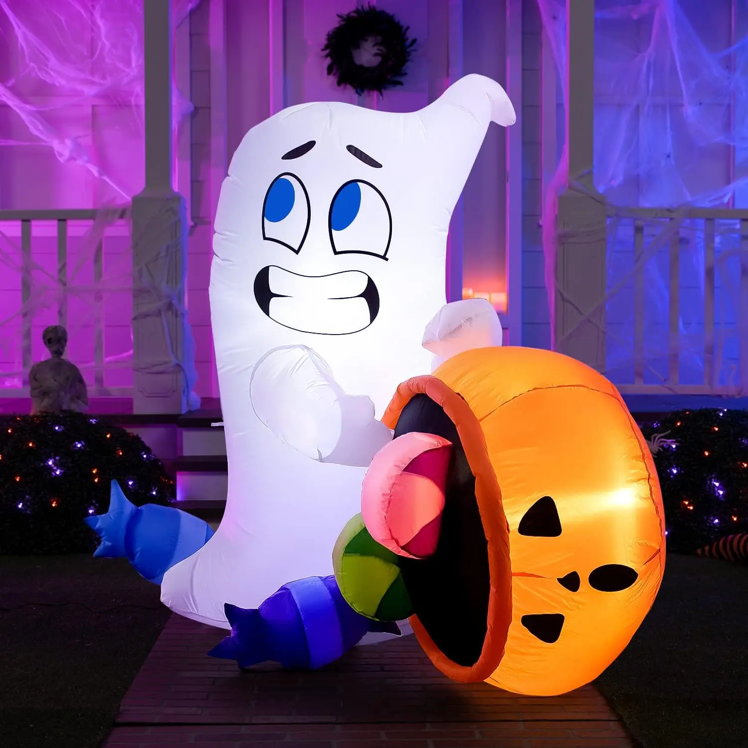 5 FT Halloween Inflatable Ghost Novelty Toy with Candy Pumpkin Cauldron, Built-in LED Lights, Blow-Up Outdoor Decoration for Lawn, Holiday Party