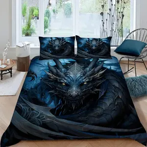 Blue Dragon Pattern California King Bedding Set, Cook Ice Dragon Decorative Three-Piece Bedding (includes Two Pillowcases), All-Seasons