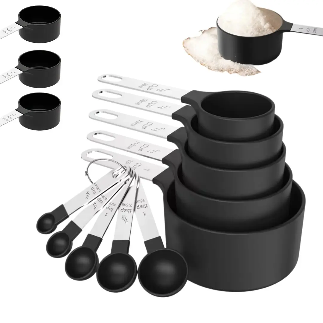 10pc Stainless Steel Measuring Cups & Spoons Set - Nesting Baking Tools for Dry/Liquid Ingredients, Space-Saving Kitchen Essentials (Dishwasher Safe, Black)
