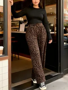 Women's All-Season Corduroy Pocket Elastic Waist Leopard Print Casual Pants Bottom, Fashion Chic Commuter Versatile Machine Wash Loose Fit Wide Leggings