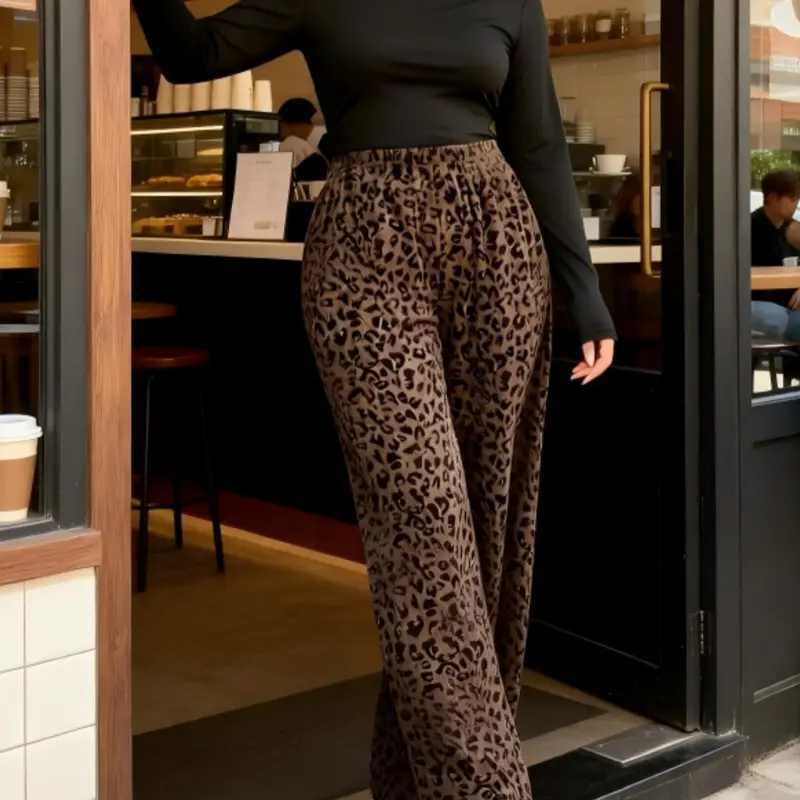 Women's All-Season Corduroy Casual Comfy Pocket Elastic Waist Leopard Print Casual Pants Bottom, Casual Chic Trousers, Fashion Chic Commuter Versatile Machine Wash Loose Fit Wide Leggings, Casual Elastic Waisted, Casual Chic Bottoms