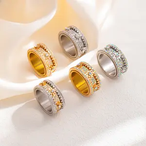 Wide Band Spinning Gear Ring, Gold Plated Full Pave CZ Anxiety Fidget Ring, Bold Mechanical Statement Ring for Men Women