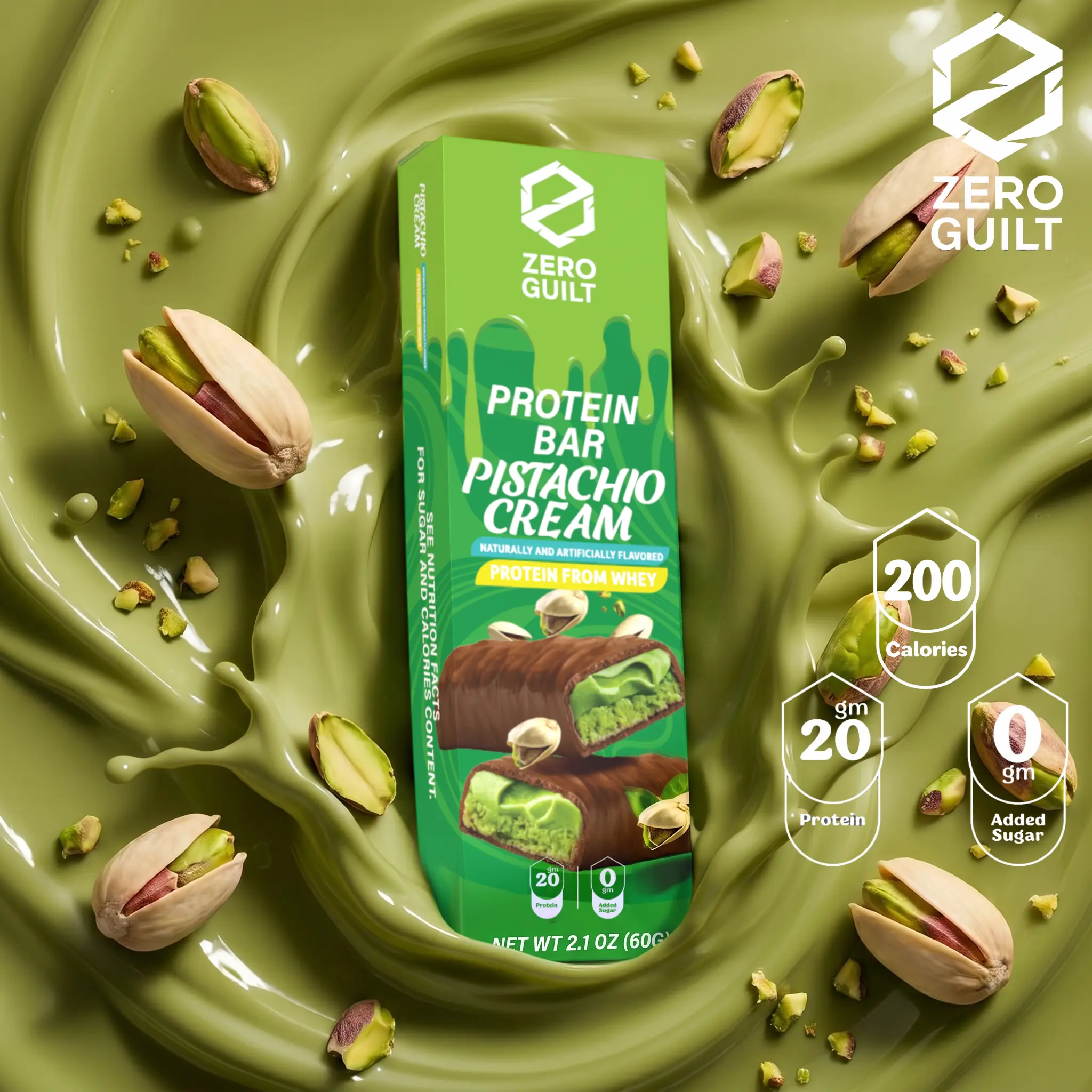 ZERO GUILT Pistachio Cream 20G Protein Bar, ZERO Added Sugar, 60g Net Weight - 12 Pack, Snacks, Ready To Eat Snacks