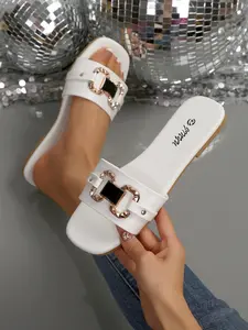 Women's Fashion Flat Sandals, Flat Slides, Simple Open-Toe Rhinestone Decor, Daily Commute Versatile Outdoor Slippers, Medium Width, Less Than Ankle Height