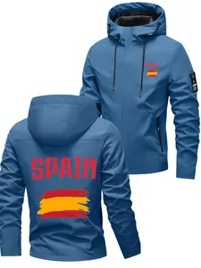 Casual Sports Spain Text and Flag Printed Hooded Jacket for Daily Wear Outdoor Activities and Commuting Windproof Top