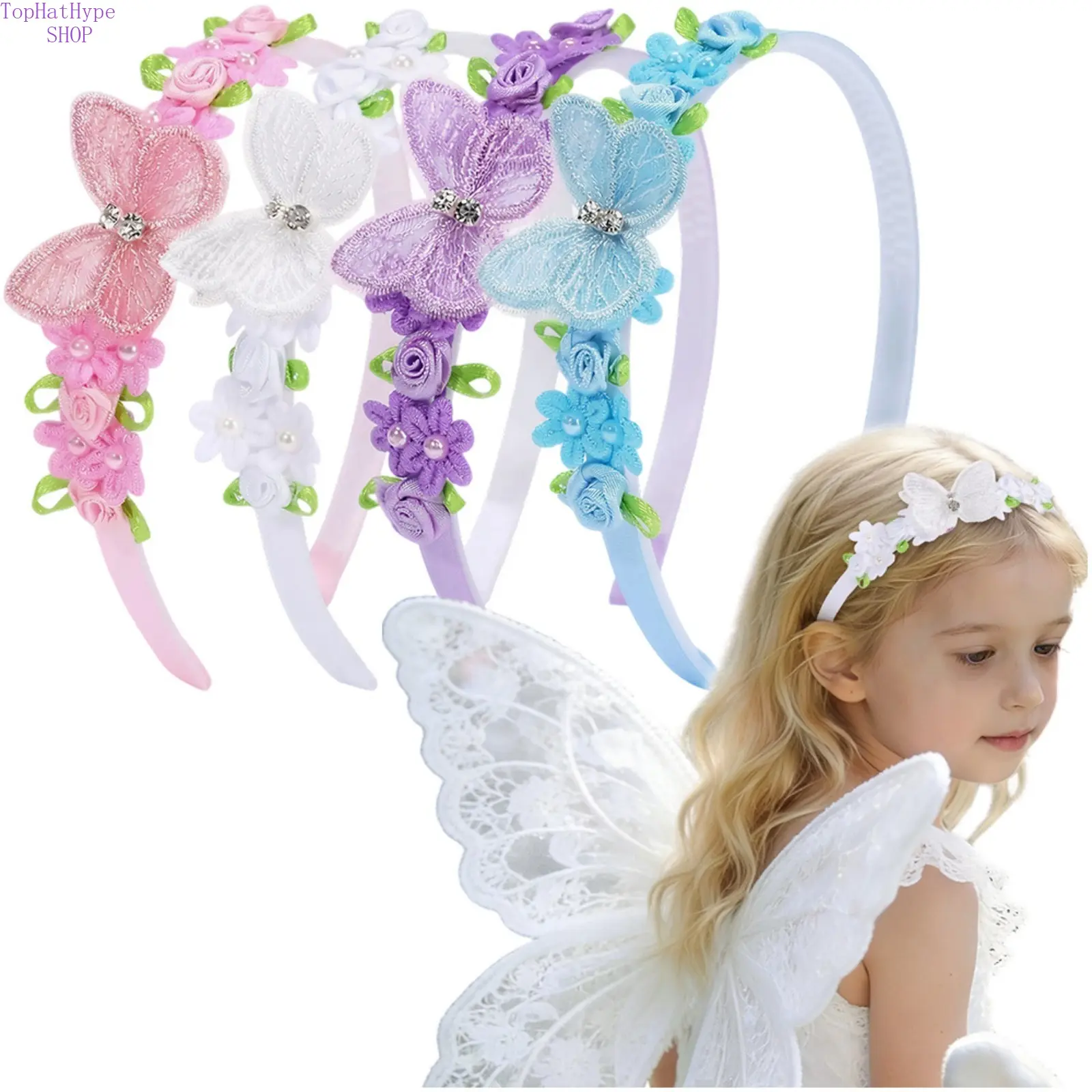 Girls Princess Lace Butterfly Headband, Sweet Pearl Floral Kids Headband, Handmade Hemmed Fabric Hairband, Soft Elegant Hair Accessories for Daily Hairstyling, School Wear, Casual Outings & Princess‑Themed Birthday Parties