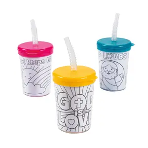Color Your Own Religious BPA-Free Plastic Cups with Lids & Straws - 12 Ct.