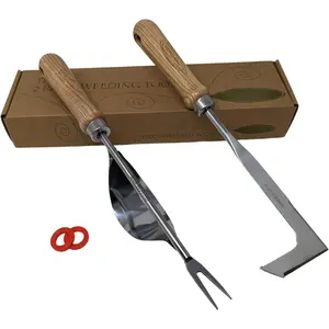 Weed Puller and Patio Paver Weeding Tool Set - Two Classic, Heavy Duty, Stainless Steel Weeding Tools with Beautiful Wooden Handles - by