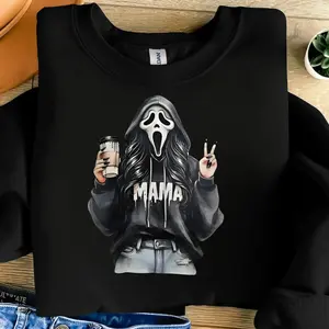 Ghost Mama Sweatshirt – Sassy Halloween Coffee Lover Graphic, Black Creepy Cute Unisex Outfit for Men and Women, Trendy Streetwear Print Short Sleeve