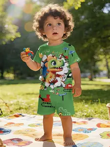 Fresh green base color with Q-version Tyrannosaurus rex breaking through the wall print infant short-sleeve set, casual kids' clothing for babies, suitable for daily and outdoor sports T-shirts. 100% polyester, a perfect gift for infants!