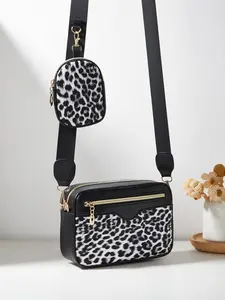 Women's Wide Shoulder Strap Crossbody Camera Bag Set, Fashion Versatile Casual Women's Bags, Leopard Print Mother-In-Law Bag Two-Piece