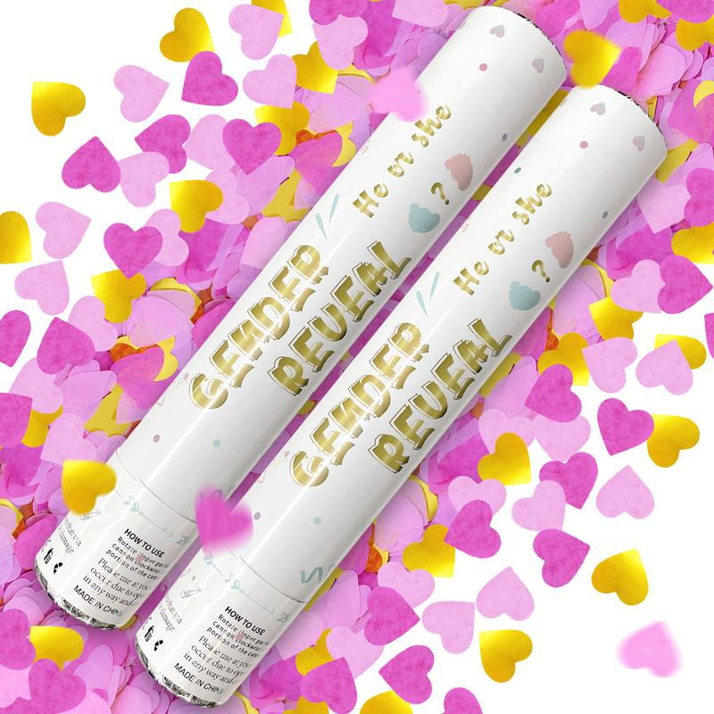 Gender Reveal Confetti Cannon - Biodegradable Heart Shaped Confetti Party Poppers - Pink, 4 Pack - Baby Girl Gender Reveal Party Poppers Cannons Shooters Blaster