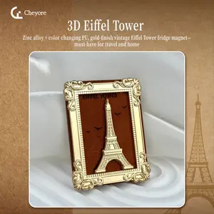Zinc Alloy Fridge Magnet, gold plating and color-changing PU material,Dual Magnetic Strong Adhesive, Vintage Frame Design, 3D Eiffel Tower with bird silhouettes, 65mm*50mm,A must-have for travelers and home decor enthusiasts;