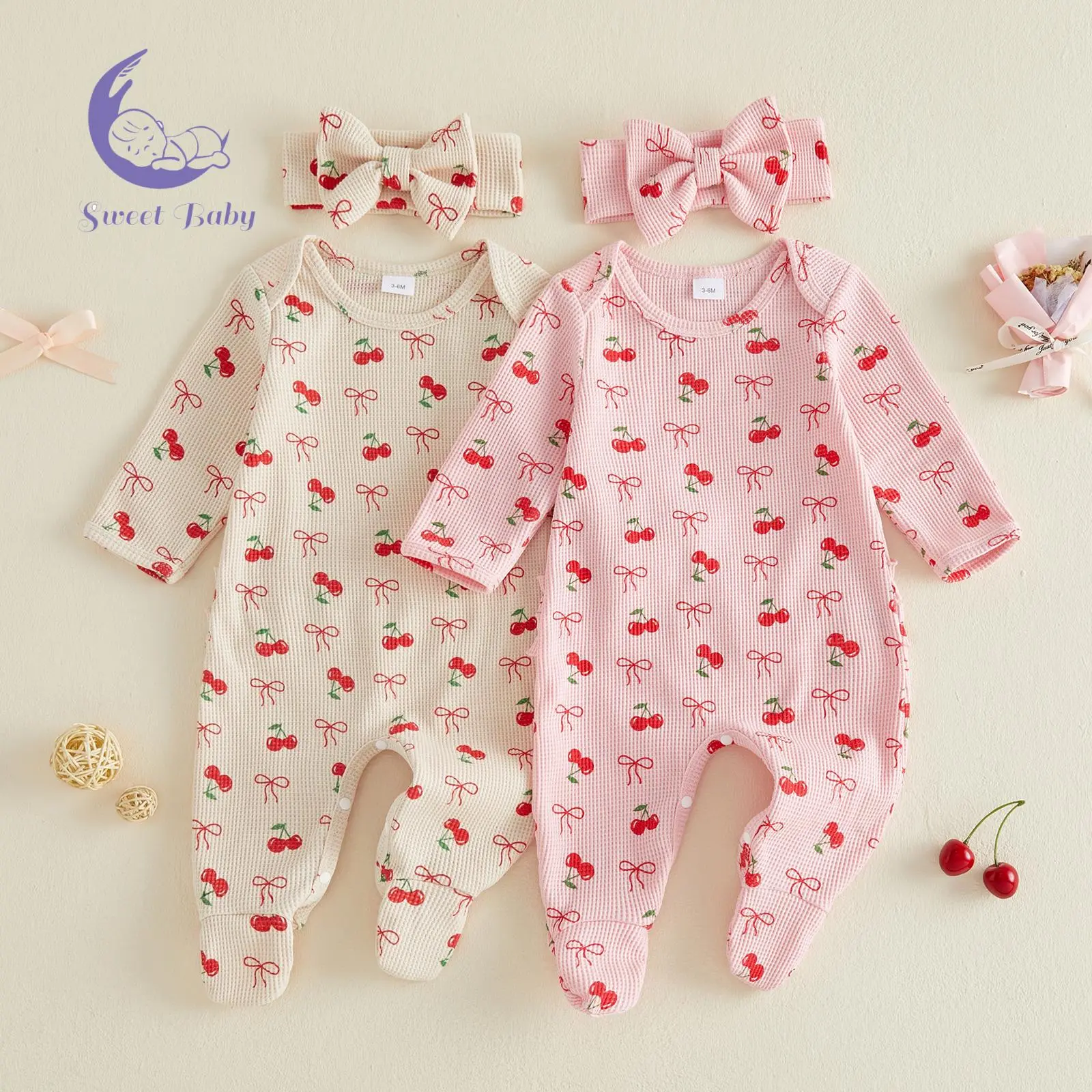 Baby Girls Footie Suit - Fall Baby Clothing, Cherry Prints Waffle Crew Neck Long Sleeve Newborn Onesies Jumpsuits with Bowknot & Headband