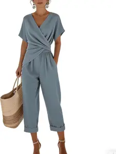 Women's V-Neck 2 Piece Sets,Irregular Short Sleeve Wrap Top&Cropped Pants with Pockets,Twist Waist Casual Loose Outfit