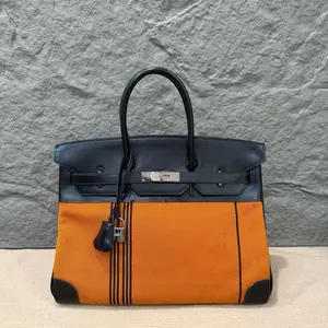 Pre-owned HERMÈS Leather tote bags Hermes Birkin 35 Canvas Box 93 Orange 89 Noir (kr1215m1)